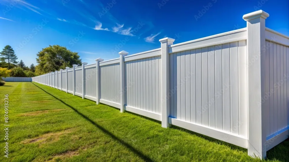 High-end wide shot of a pristine white PVC privacy fence enclosing a beautiful residential backyard